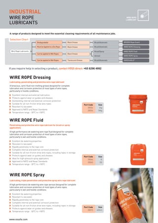 Selection Chart
Black Grease
Black Grease
Black Grease
Brush/Automatic
Translucent Grease
Brush/Automatic
Brush/Spray
Aerosol
Biodegradable
Must be Applied to a Dry Rope
Brush/AutomaticCan be applied to Wet Ropes
BIOGEN Rope Guard
WIRE ROPE Dressing
WIRE ROPE Fluid
WIRE ROPE Spray
Can be applied to Wet Ropes
WIRESHIELD
TM
WIRE ROPE
LUBRICANTS
WIRE ROPE
LUBRICANT
INDUSTRIAL
WIRE ROPE Dressing
WIRE ROPE Fluid
WIRE ROPE Spray
Lubricating, penetrating and protective wire rope lubricant
Part Code Size
20026 4kg
20024 18kg
Part Code Size
20046 5l
20045 20l
Part Code Size
20015 400ml
Excellent internal and external lubrication
Protects against wear on guides and sheaves
Outstanding internal and external corrosion protection
Suitable for all non-friction drive wire ropes
Resistant to sea water
Approved to NATO and Naval Standards
Temperature range -30°C to +100°C
Penetrating and protective wire rope lubricant for brush or spray
applications
Excellent de-watering properties
Resistant to sea water
Rapidly penetrates to the rope core
Complete internal and external corrosion protection
Suitable for all non-friction drive wire ropes, including ropes in storage
Protects against wear on guides and sheaves
Ideal for high-pressure spray applicators
Approved to NATO and Naval Standards
Temperature range -30°C to +100°C
Excellent de-watering properties
Resistant to sea water
Rapidly penetrates to the rope core
Complete internal and external corrosion protection
Suitable for all non-friction drive wire ropes, including ropes in storage
Protects against wear on guides and sheaves
Temperature range -30°C to +100°C
A tenacious, semi-fluid non-melting grease designed for complete
lubrication and corrosion protection of most types of wire ropes,
particularly in hostile conditions.
A high performance de-watering wire rope fluid designed for complete
lubrication and corrosion protection of most types of wire ropes,
particularly in wet and hostile conditions.
Lubricating, triple penetration and protective spray wire rope lubricant
A high performance de-watering wire rope aerosol designed for complete
lubrication and corrosion protection of most types of wire ropes,
particularly in wet and hostile conditions.
A range of products designed to meet the essential cleaning requirements of all maintenance jobs.
Wire Rope Lubricants
If you require help in selecting a product, contact VOSS direct: +65 6296 4992
ROCOL maintenance 3 no gas and plumbing:Layout 1 28/4/10 10:01 Page 38
www.vossfe.com
 