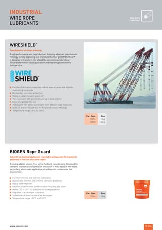 WIRE ROPE
LUBRICANTS
WIRE ROPE
LUBRICANT
INDUSTRIAL
35 | 36
Part Code Size
20054 18kg
20058 160kg
WIRESHIELD
™
Excellent lubrication properties reduce wear on wires and strands,
maximising service life
Outstanding corrosion protection
Highly resistant to water wash-off
Thin, non-tacky film prevents build up of dust and dirt.
Clean and pleasant to use
Translucent film allows easier and more effective rope inspection.
Does not drip or fling off due to the pseudo-plastic rheology
Temperature range -30°C to 100°C
Pseudoplastic wire rope dressing
Part Code Size
19044 18kg
BIOGEN Rope Guard
Excellent internal and external lubrication
Outstanding internal and external corrosion protection
Highly water repellent
Ideal for extreme water contamination including sea water
Meets CEC-L-33-T-82 standard for biodegradability
Degrades to a harmless substance
Suitable for all non-friction drive wire ropes
Temperature range -30°C to +100°C
Solvent free, biodegradable wire rope lubricant specially formulated to
penetrate to the core of all wire ropes
A high performance wire rope lubricant featuring advanced pseudoplastic
rheology. Initially appearing as a translucent amber gel WIRESHIELD™
is designed to transform into a fluid like consistency under shear.
This transformation eases application and improves penetration to
the rope core.
A biodegradable, solvent-free, semi-fluid wire rope dressing. Designed for
complete lubrication and corrosion protection of most types of wire ropes,
particularly where over-application or spillage can contaminate the
environment.
ROCOL maintenance 3 no gas and plumbing:Layout 1 28/4/10 10:01 Page 39
www.vossfe.com
 