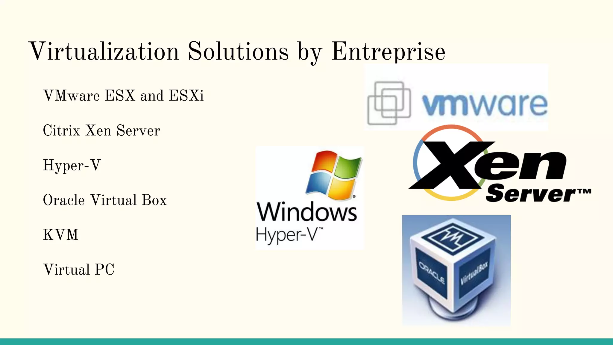 Virtualization Solutions by Entreprise
VMware ESX and ESXi
Citrix Xen Server
Hyper-V
Oracle Virtual Box
KVM
Virtual PC
 