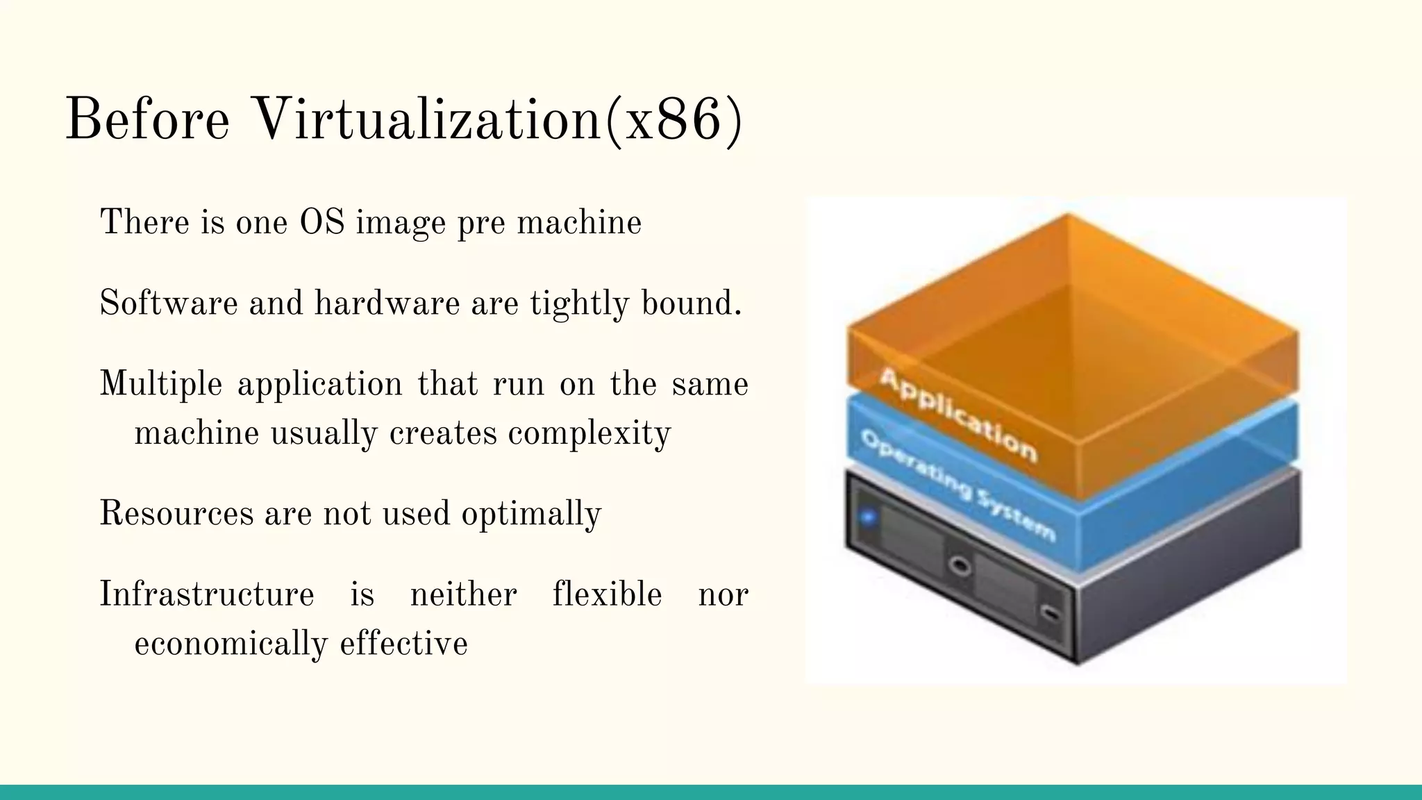 Before Virtualization(x86)
There is one OS image pre machine
Software and hardware are tightly bound.
Multiple application that run on the same
machine usually creates complexity
Resources are not used optimally
Infrastructure is neither flexible nor
economically effective
 