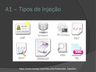 A1 – Tipos de Injeção
https://www.owasp.org/index.php/Interpreter_Injection
 