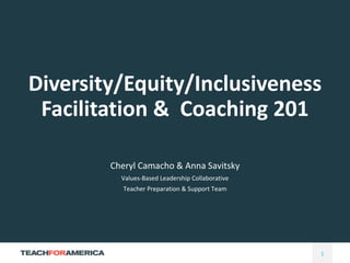 1
Diversity/Equity/Inclusiveness
Facilitation & Coaching 201
Cheryl Camacho & Anna Savitsky
Values-Based Leadership Collaborative
Teacher Preparation & Support Team
 