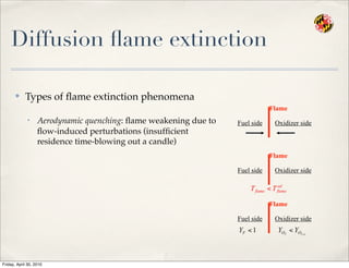 Diffusion ﬂame extinction
✤ Types of ﬂame extinction phenomena
• Aerodynamic quenching: ﬂame weakening due to
ﬂow-induced perturbations (insufﬁcient
residence time-blowing out a candle)
Fuel side Oxidizer side
Flame
Fuel side Oxidizer side
Flame
Fuel side Oxidizer side
Flame
Friday, April 30, 2010
 