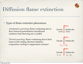 Diffusion ﬂame extinction
✤ Types of ﬂame extinction phenomena
• Aerodynamic quenching: ﬂame weakening due to
ﬂow-induced perturbations (insufﬁcient
residence time-blowing out a candle)
• Thermal quenching: ﬂame weakening due to heat
losses (wall cooling, thermal radiation,
evaporative cooling in suppression systems)
Fuel side Oxidizer side
Flame
Fuel side Oxidizer side
Flame
Fuel side Oxidizer side
Flame
Friday, April 30, 2010
 
