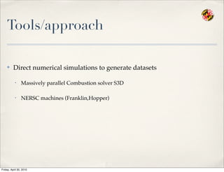 Tools/approach
✤ Direct numerical simulations to generate datasets
• Massively parallel Combustion solver S3D
• NERSC machines (Franklin,Hopper)
Friday, April 30, 2010
 