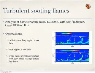 Turbulent sooting ﬂames
✤ Observations
• radiative cooling region is not
thin
• soot region is not thin
• weak ﬂame events correlated
with soot mass leakage across
the ﬂame
radiation cooling rate
soot mass fraction extinction
extinction
✤ Analysis of ﬂame structure (case, Tw=300 K, with soot/radiation,
Csoot= 7000 m-1 K-1)
Friday, April 30, 2010
 
