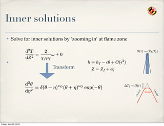Inner solutions
✤ Solve for inner solutions by ‘zooming in’ at ﬂame zone
✤
Transform
Outer
Outer
Inner
Friday, April 30, 2010
 