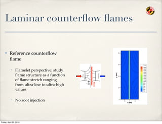 Laminar counterﬂow ﬂames
✤ Reference counterﬂow
ﬂame
• Flamelet perspective: study
ﬂame structure as a function
of ﬂame stretch ranging
from ultra-low to ultra-high
values
• No soot injection
Flame
Friday, April 30, 2010
 