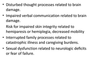 • Disturbed thought processes related to brain
damage.
• Impaired verbal communication related to brain
damage.
Risk for impaired skin integrity related to
hemiparesis or hemiplegia, decreased mobility
• Interrupted family processes related to
catastrophic illness and caregiving burdens.
• Sexual dysfunction related to neurologic deﬁcits
or fear of failure.
 