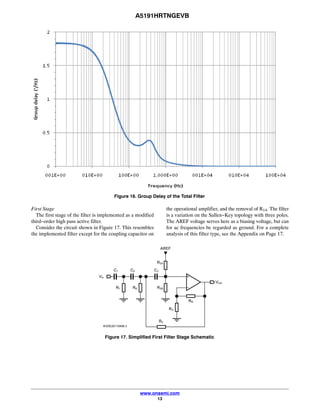 A5191HRTNGEVB
www.onsemi.com
13
Figure 16. Group Delay of the Total Filter
First Stage
The first stage of the filter is implemented as a modified
third−order high pass active filter.
Consider the circuit shown in Figure 17. This resembles
the implemented filter except for the coupling capacitor on
the operational amplifier, and the removal of R14. The filter
is a variation on the Sallen−Key topology with three poles.
The AREF voltage serves here as a biasing voltage, but can
for ac frequencies be regarded as ground. For a complete
analysis of this filter type, see the Appendix on Page 17.
Figure 17. Simplified First Filter Stage Schematic
 
