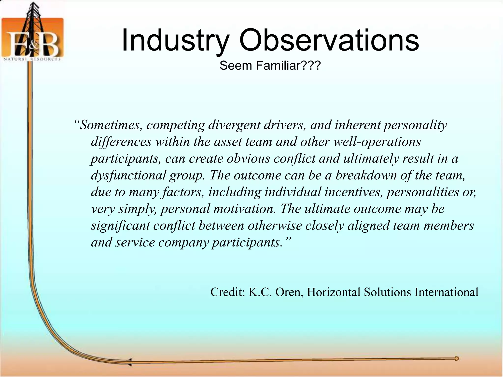 Industry Observations
Seem Familiar???
“Sometimes, competing divergent drivers, and inherent personality
differences within the asset team and other well-operations
participants, can create obvious conflict and ultimately result in a
dysfunctional group. The outcome can be a breakdown of the team,
due to many factors, including individual incentives, personalities or,
very simply, personal motivation. The ultimate outcome may be
significant conflict between otherwise closely aligned team members
and service company participants.”
Credit: K.C. Oren, Horizontal Solutions International
 