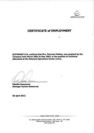 Certificate of Employment - Eletronet