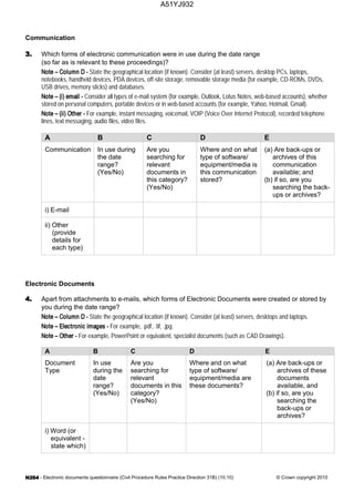 - Electronic documents questionnaire (Civil Procedure Rules Practice Direction 31B) (10.10) © Crown copyright 2010
Communication
Which forms of electronic communication were in use during the date range
(so far as is relevant to these proceedings)?
State the geographical location (if known). Consider (at least) servers, desktop PCs, laptops,
notebooks, handheld devices, PDA devices, off-site storage, removable storage media (for example, CD-ROMs, DVDs,
USB drives, memory sticks) and databases.
Consider all types of e-mail system (for example, Outlook, Lotus Notes, web-based accounts), whether
stored on personal computers, portable devices or in web-based accounts (for example, Yahoo, Hotmail, Gmail).
For example, instant messaging, voicemail, VOIP (Voice Over Internet Protocol), recorded telephone
lines, text messaging, audio files, video files.
A B C D E
Communication In use during
the date
range?
(Yes/No)
Are you
searching for
relevant
documents in
this category?
(Yes/No)
Where and on what
type of software/
equipment/media is
this communication
stored?
(a) Are back-ups or
archives of this
communication
available; and
(b) if so, are you
searching the back-
ups or archives?
i) E-mail
ii) Other
(provide
details for
each type)
Electronic Documents
Apart from attachments to e-mails, which forms of Electronic Documents were created or stored by
you during the date range?
State the geographical location (if known). Consider (at least) servers, desktops and laptops.
For example, .pdf, .tif, .jpg.
For example, PowerPoint or equivalent, specialist documents (such as CAD Drawings).
A B C D E
Document
Type
In use
during the
date
range?
(Yes/No)
Are you
searching for
relevant
documents in this
category?
(Yes/No)
Where and on what
type of software/
equipment/media are
these documents?
(a) Are back-ups or
archives of these
documents
available, and
(b) if so, are you
searching the
back-ups or
archives?
i) Word (or
equivalent -
state which)
A51YJ932
 