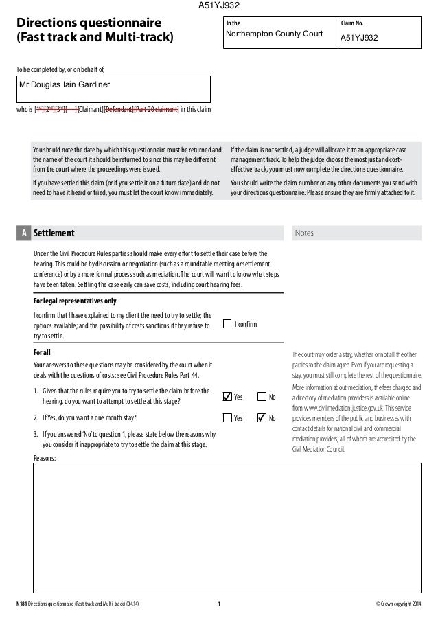 Case A51YJ932 n181 direction questionaire