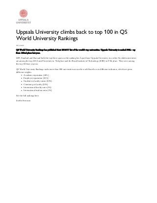 Uppsala University climbs back to top 100 in QS
World University Rankings
2016-09-06
QS World University Rankings has published their 2016/17 list of the world’s top universities. Uppsala University is ranked 98th – up
from 102nd place last year.
MIT, Stanford and Harvard hold the top three spots on the ranking list. Apart from Uppsala University, two other Swedish universities
are among the top 100: Lund University in 73rd place and the Royal Institute of Technology (KTH) in 97th place. They were among
the top 100 last year too.
QS World University Rankings ranks more than 900 universities across the world based on six different indicators, which are given
different weights:
Academic reputation (40%)
Employer reputation (10%)
Student-to-faculty ration (20%)
Citations per faculty (20%)
International faculty ratio (5%)
International student ratio (5%)
See the full rankings here.
Joseﬁn Svensson
 