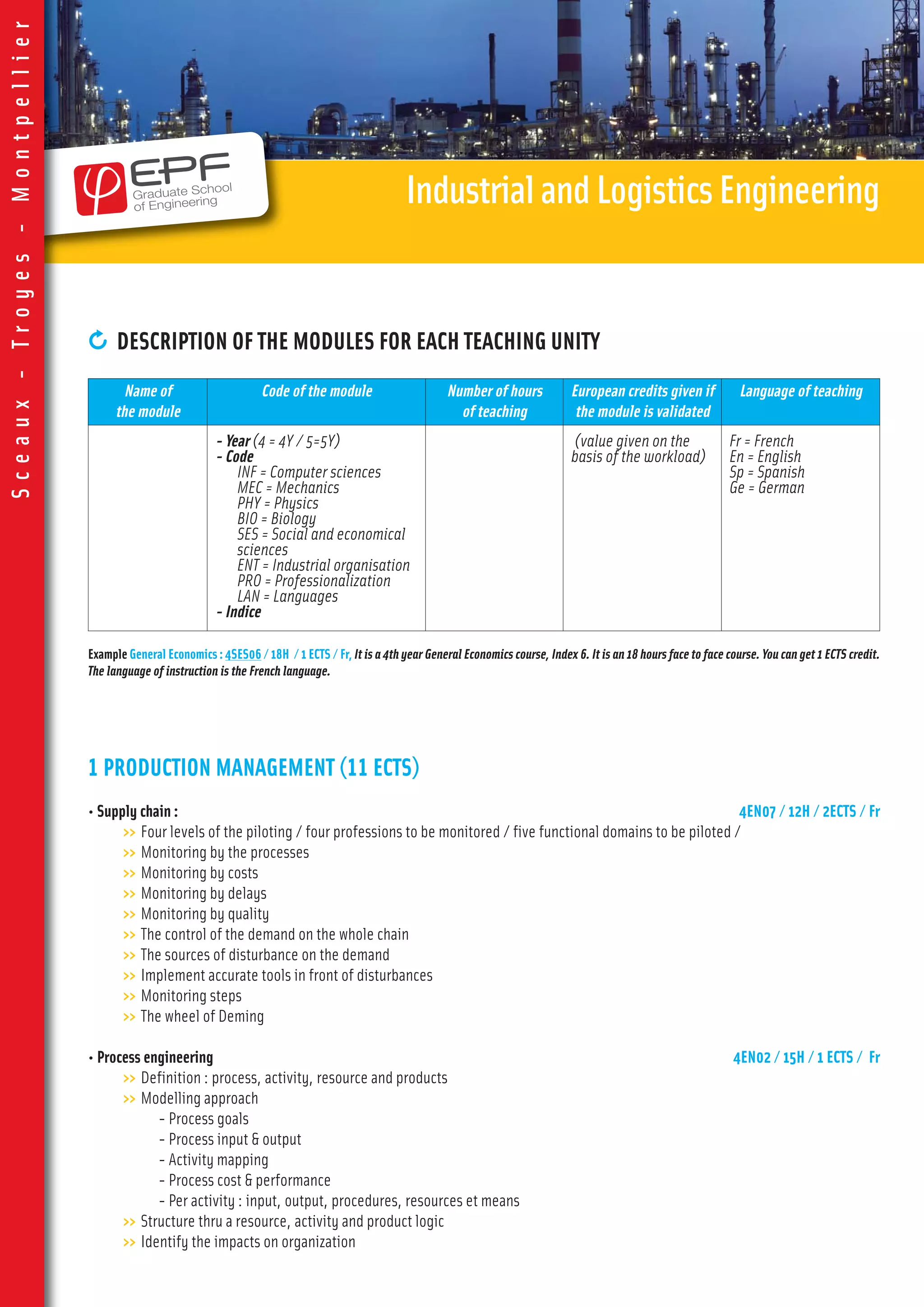 0 DESCRIPTION OF THE MODULES FOR EACH TEACHING UNITY
1 PRODUCTION MANAGEMENT (11 ECTS)
• Supply chain : 4EN07 / 12H / 2ECTS / Fr
>> Four levels of the piloting / four professions to be monitored / five functional domains to be piloted /
>> Monitoring by the processes
>> Monitoring by costs
>> Monitoring by delays
>> Monitoring by quality
>> The control of the demand on the whole chain
>> The sources of disturbance on the demand
>> Implement accurate tools in front of disturbances
>> Monitoring steps
>> The wheel of Deming
• Process engineering 4EN02 / 15H / 1 ECTS / Fr
>> Definition : process, activity, resource and products
>> Modelling approach
- Process goals
- Process input & output
- Activity mapping
- Process cost & performance
- Per activity : input, output, procedures, resources et means
>> Structure thru a resource, activity and product logic
>> Identify the impacts on organization
IndustrialandLogisticsEngineering
Sceaux-Troyes-Montpellier
Example General Economics : 4SES06 / 18H / 1 ECTS / Fr, It is a 4th year General Economics course, Index 6. It is an 18 hours face to face course. You can get 1 ECTS credit.
The language of instruction is the French language.
Name of
the module
Code of the module Number of hours
of teaching
European credits given if
the module is validated
Language of teaching
- Year (4 = 4Y / 5=5Y)
- Code
INF = Computer sciences
MEC = Mechanics
PHY = Physics
BIO = Biology
SES = Social and economical
sciences
ENT = Industrial organisation
PRO = Professionalization
LAN = Languages
- Indice
(value given on the
basis of the workload)
Fr = French
En = English
Sp = Spanish
Ge = German
 