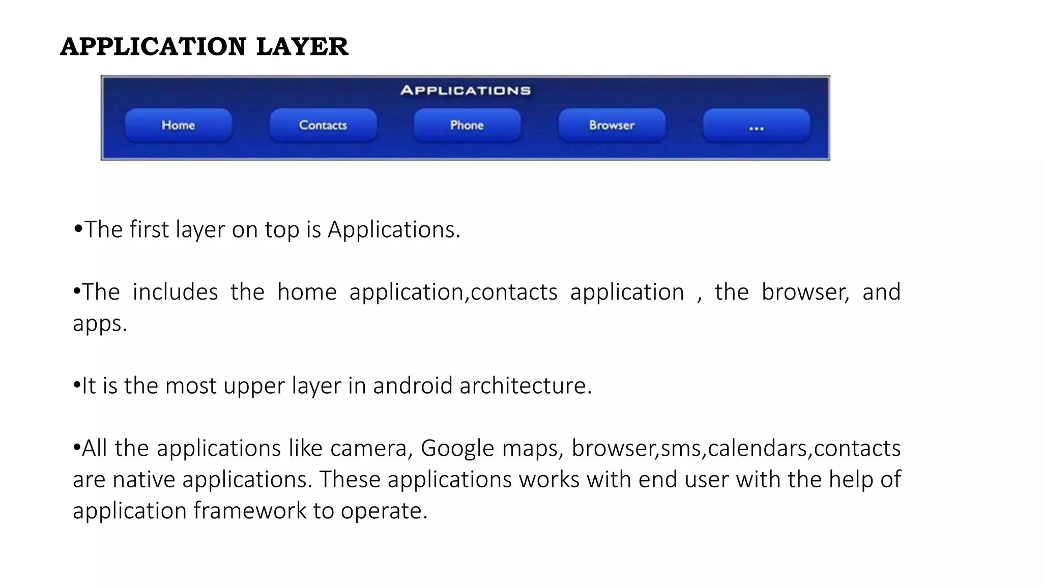APPLICATION LAYER
•The first layer on top is Applications.
•The includes the home application,contacts application , the browser, and
apps.
•It is the most upper layer in android architecture.
•All the applications like camera, Google maps, browser,sms,calendars,contacts
are native applications. These applications works with end user with the help of
application framework to operate.
 
