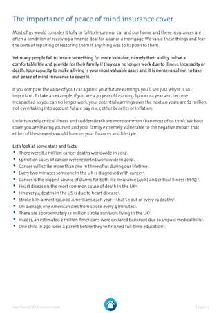 | page 13 |Expat Peace of Mind Consumer Guide
The importance of peace of mind insurance cover
Most of us would consider it folly to fail to insure our car and our home and these insurances are
often a condition of receiving a finance deal for a car or a mortgage.We value these things and fear
the costs of repairing or restoring them if anything was to happen to them.
Yet many people fail to insure something far more valuable, namely their ability to live a
comfortable life and provide for their family if they can no longer work due to illness, incapacity or
death. Your capacity to make a living is your most valuable asset and it is nonsensical not to take
out peace of mind insurance to cover it.
If you compare the value of your car against your future earnings, you’ll see just why it is so
important.To take an example, if you are a 30 year old earning $50,000 a year and become
incapacited so you can no longer work, your potential earnings over the next 40 years are $2 million,
not even taking into account future pay rises, other benefits or inflation.
Unfortunately, critical illness and sudden death are more common than most of us think.Without
cover, you are leaving yourself and your family extremely vulnerable to the negative impact that
either of these events would have on your finances and lifestyle.
Let’s look at some stats and facts:
•	There were 8.2 million cancer deaths worldwide in 20121
.
•	14 million cases of cancer were reported worldwide in 20121
.
•	Cancer will strike more than one in three of us during our lifetime2
.
•	Every two minutes someone in the UK is diagnosed with cancer2
.
•	Cancer is the biggest source of claims for both life insurance (46%) and critical illness (66%) 3
.
•	Heart disease is the most common cause of death in the UK4
.
•	1 in every 4 deaths in the US is due to heart disease5
.
•	Stroke kills almost 130,000 Americans each year—that’s 1 out of every 19 deaths6
.
•	On average, one American dies from stroke every 4 minutes6
.
•	There are approximately 1.1 million stroke survivors living in the UK7
.
•	In 2013, an estimated 2 million Americans were declared bankrupt due to unpaid medical bills8
.
•	One child in 290 loses a parent before they’ve finished full-time education9
.
 