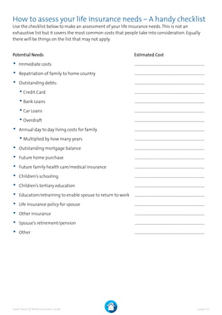 | page 15 |Expat Peace of Mind Consumer Guide
How to assess your life insurance needs – A handy checklist
Use the checklist below to make an assessment of your life insurance needs.This is not an
exhaustive list but it covers the most common costs that people take into consideration. Equally
there will be things on the list that may not apply.
	
Potential Needs	 Estimated Cost
•	Immediate costs	 ............................................................................
•	Repatriation of family to home country 	 ............................................................................
•	Outstanding debts:	 ............................................................................
	 •	Credit Card	 ............................................................................
	 •	Bank Loans	 ............................................................................
	 •	Car Loans	 ............................................................................
	 •	Overdraft	 ............................................................................
•	Annual day to day living costs for family	 ............................................................................
	 •	Multiplied by how many years	 ............................................................................
•	Outstanding mortgage balance	 ............................................................................
•	Future home purchase	 ............................................................................
•	Future family health care/medical insurance	 ............................................................................
•	Children’s schooling	 ............................................................................
•	Children’s tertiary education	 ............................................................................
•	Education/retraining to enable spouse to return to work	 ............................................................................
•	Life insurance policy for spouse	 ............................................................................
•	Other insurance	 ............................................................................
•	Spouse’s retirement/pension	 ............................................................................
•	Other	 ............................................................................
 