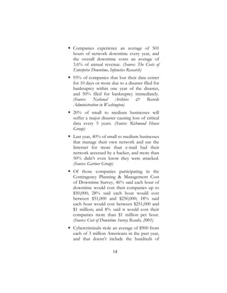 14
 Companies experience an average of 501
hours of network downtime every year, and
the overall downtime costs an average of
3.6% of annual revenue. (Source: The Costs of
Enterprise Downtime, Infonetics Research)
 93% of companies that lost their data center
for 10 days or more due to a disaster filed for
bankruptcy within one year of the disaster,
and 50% filed for bankruptcy immediately.
(Source: National Archives & Records
Administration in Washington)
 20% of small to medium businesses will
suffer a major disaster causing loss of critical
data every 5 years. (Source: Richmond House
Group)
 Last year, 40% of small to medium businesses
that manage their own network and use the
Internet for more than e-mail had their
network accessed by a hacker, and more than
50% didn’t even know they were attacked.
(Source: Gartner Group)
 Of those companies participating in the
Contingency Planning & Management Cost
of Downtime Survey, 46% said each hour of
downtime would cost their companies up to
$50,000; 28% said each hour would cost
between $51,000 and $250,000; 18% said
each hour would cost between $251,000 and
$1 million; and 8% said it would cost their
companies more than $1 million per hour.
(Source: Cost of Downtime Survey Results, 2001)
 Cybercriminals stole an average of $900 from
each of 3 million Americans in the past year,
and that doesn’t include the hundreds of
 