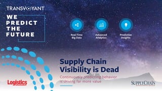 Supply Chain
Visibility is Dead
Continuously predicting behavior
is driving far more value
WE
PREDICT
THE
FUTURE Real-Time
Big Data
Advanced
Analytics
Predictive
Insights
®
 