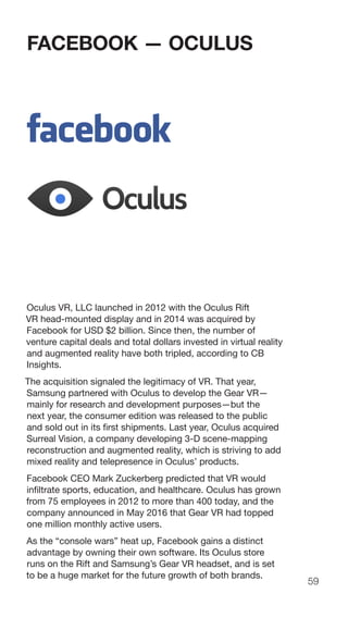 59
FACEBOOK — OCULUS
Oculus VR, LLC launched in 2012 with the Oculus Rift
VR head-mounted display and in 2014 was acquired by
Facebook for USD $2 billion. Since then, the number of
venture capital deals and total dollars invested in virtual reality
and augmented reality have both tripled, according to CB
Insights.
The acquisition signaled the legitimacy of VR. That year,
Samsung partnered with Oculus to develop the Gear VR—
mainly for research and development purposes—but the
next year, the consumer edition was released to the public
and sold out in its first shipments. Last year, Oculus acquired
Surreal Vision, a company developing 3-D scene-mapping
reconstruction and augmented reality, which is striving to add
mixed reality and telepresence in Oculus’ products.
Facebook CEO Mark Zuckerberg predicted that VR would
infiltrate sports, education, and healthcare. Oculus has grown
from 75 employees in 2012 to more than 400 today, and the
company announced in May 2016 that Gear VR had topped
one million monthly active users.
As the “console wars” heat up, Facebook gains a distinct
advantage by owning their own software. Its Oculus store
runs on the Rift and Samsung’s Gear VR headset, and is set
to be a huge market for the future growth of both brands.
 