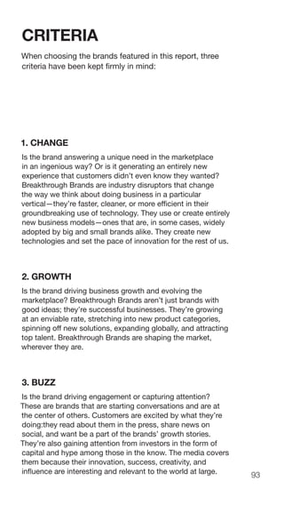 93
CRITERIA
When choosing the brands featured in this report, three
criteria have been kept firmly in mind:
1. CHANGE
Is the brand answering a unique need in the marketplace
in an ingenious way? Or is it generating an entirely new
experience that customers didn’t even know they wanted?
Breakthrough Brands are industry disruptors that change
the way we think about doing business in a particular
vertical—they’re faster, cleaner, or more efficient in their
groundbreaking use of technology. They use or create entirely
new business models—ones that are, in some cases, widely
adopted by big and small brands alike. They create new
technologies and set the pace of innovation for the rest of us.
2. GROWTH
Is the brand driving business growth and evolving the
marketplace? Breakthrough Brands aren’t just brands with
good ideas; they’re successful businesses. They’re growing
at an enviable rate, stretching into new product categories,
spinning off new solutions, expanding globally, and attracting
top talent. Breakthrough Brands are shaping the market,
wherever they are.
3. BUZZ
Is the brand driving engagement or capturing attention?
These are brands that are starting conversations and are at
the center of others. Customers are excited by what they’re
doing:they read about them in the press, share news on
social, and want be a part of the brands’ growth stories.
They’re also gaining attention from investors in the form of
capital and hype among those in the know. The media covers
them because their innovation, success, creativity, and
influence are interesting and relevant to the world at large.
 