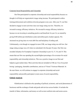 10
Corporate Social Responsibility and Citizenship
Our firm participated in corporate citizenship and social responsibility because we
thought it will help our organization's image rating increase. We participated in ethics
training/enforcement and workforce diversity program every year. After year 15, our firm
decided to engage in more activities since our image rating was low. Therefore, we
invested in energy efficiency initiatives. We invested in energy efficiency initiatives
because we are investing in something positive and beneficial. In year 16, we started by
giving $100 million per distribution center and million pairs of plant capacity. We
increased our giving since we were debt free and had plenty of ending cash.
Unfortunately, even though we engaged in more CSR, our image rating was still low. Our
image rating average was a 63 when we calculated it for the past 10 years. Our firm was
awarded 2nd place ​for Exemplary Corporate Citizenship​ in year 16, 17, 18, and 19. This
means ​that our firm was spending the second highest percentage of its revenues for social
responsibility and citizenship initiatives. This was a positive image on our firm and
helped us gain market share. ​More activities that are included in CSR are: Use of recycled
boxing / packaging, charitable contributions, and use of “Green” Footwear Materials. In
the near future, we will continue to engage in corporate citizenship and social
responsibility and possibly participate in more areas of social responsibility.
Global Analysis
Globalization is defined as the spreading of political, economic, and social phenomena of
businesses and the exchange of trade and goods and services across borders. It includes the
transfer of ideas, information, and money as well as more uniform rules and norms across
 