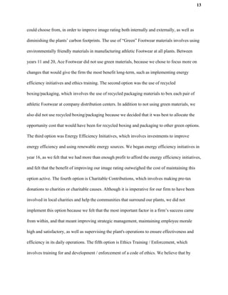 13
could choose from, in order to improve image rating both internally and externally, as well as
diminishing the plants’ carbon footprints. The use of “Green” Footwear materials involves using
environmentally friendly materials in manufacturing athletic Footwear at all plants. Between
years 11 and 20, Ace Footwear did not use green materials, because we chose to focus more on
changes that would give the firm the most benefit long-term, such as implementing energy
efficiency initiatives and ethics training. The second option was the use of recycled
boxing/packaging, which involves the use of recycled packaging materials to box each pair of
athletic Footwear at company distribution centers. In addition to not using green materials, we
also did not use recycled boxing/packaging because we decided that it was best to allocate the
opportunity cost that would have been for recycled boxing and packaging to other green options.
The third option was Energy Efficiency Initiatives, which involves investments to improve
energy efficiency and using renewable energy sources. We began energy efficiency initiatives in
year 16, as we felt that we had more than enough profit to afford the energy efficiency initiatives,
and felt that the benefit of improving our image rating outweighed the cost of maintaining this
option active. The fourth option is Charitable Contributions, which involves making pre-tax
donations to charities or charitable causes. Although it is imperative for our firm to have been
involved in local charities and help the communities that surround our plants, we did not
implement this option because we felt that the most important factor in a firm’s success came
from within, and that meant improving strategic management, maintaining employee morale
high and satisfactory, as well as supervising the plant's operations to ensure effectiveness and
efficiency in its daily operations. The fifth option is Ethics Training / Enforcement, which
involves training for and development / enforcement of a code of ethics. We believe that by
 