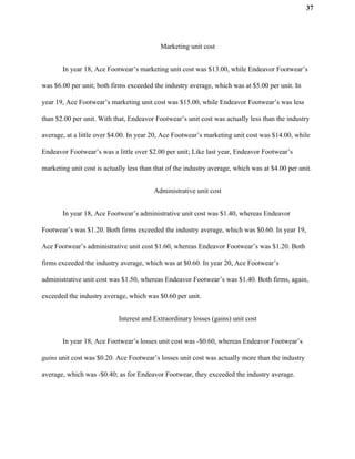 37
Marketing unit cost
In year 18, Ace Footwear’s marketing unit cost was $13.00, while Endeavor Footwear’s
was $6.00 per unit; both firms exceeded the industry average, which was at $5.00 per unit. In
year 19, Ace Footwear’s marketing unit cost was $15.00, while Endeavor Footwear’s was less
than $2.00 per unit. With that, Endeavor Footwear’s unit cost was actually less than the industry
average, at a little over $4.00. In year 20, Ace Footwear’s marketing unit cost was $14.00, while
Endeavor Footwear’s was a little over $2.00 per unit; Like last year, Endeavor Footwear’s
marketing unit cost is actually less than that of the industry average, which was at $4.00 per unit.
Administrative unit cost
In year 18, Ace Footwear’s administrative unit cost was $1.40, whereas Endeavor
Footwear’s was $1.20. Both firms exceeded the industry average, which was $0.60. In year 19,
Ace Footwear’s administrative unit cost $1.60, whereas Endeavor Footwear’s was $1.20. Both
firms exceeded the industry average, which was at $0.60. In year 20, Ace Footwear’s
administrative unit cost was $1.50, whereas Endeavor Footwear’s was $1.40. Both firms, again,
exceeded the industry average, which was $0.60 per unit.
Interest and Extraordinary losses (gains) unit cost
In year 18, Ace Footwear’s losses unit cost was -$0.60, whereas Endeavor Footwear’s
gains unit cost was $0.20. Ace Footwear’s losses unit cost was actually more than the industry
average, which was -$0.40; as for Endeavor Footwear, they exceeded the industry average.
 