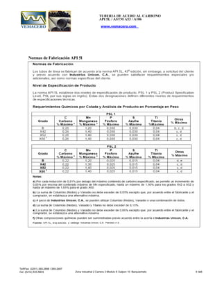 TUBERIA DE ACERO AL CARBONO
API 5L / ASTM A53 / A106
www.vemacero.com
Normas de Fabricación API 5l
y catalogo Industrias Unicon, C.A. Petroleo v1.0
Telf/Fax. (0251) 269-2898 / 269-2487
Cel. (0414) 533-5833 Zona Industrial 2 Carrera 2 Modulo E Galpon 10 Barquisimeto 6 de6
 