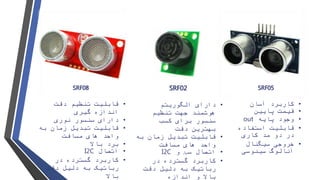 SRF02
•‫دارای‬‫الگوریتم‬
‫تنظیم‬ ‫جهت‬ ‫هوشمند‬
‫سنسور‬‫کسب‬ ‫برای‬
‫دقت‬ ‫بهترین‬
•‫به‬ ‫زمان‬ ‫تبدیل‬ ‫قابلیت‬
‫های‬ ‫واحد‬‫مسافت‬
•‫و‬ ‫سلایر‬ ‫اتصال‬I2C
•‫کاربرد‬‫در‬ ‫گسترده‬
‫رباتیک‬‫دقت‬ ‫دلیل‬ ‫به‬
‫اندازه‬ ‫و‬ ‫باال‬
SRF05
•‫آسان‬ ‫کاربرد‬
•‫قیمت‬‫پایین‬
•‫پایه‬ ‫وجود‬out
•‫قابلیت‬‫استفاده‬
‫مد‬ ‫دو‬ ‫در‬‫کاری‬
•‫سیگنال‬ ‫خروجی‬
‫آنالوگ‬‫سینوسی‬
SRF08
•‫دقت‬ ‫تنظیم‬ ‫قابلیت‬
‫گیری‬ ‫اندازه‬
•‫دارای‬‫سنسور‬‫نوری‬
•‫به‬ ‫زمان‬ ‫تبدیل‬ ‫قابلیت‬
‫مسافت‬ ‫های‬ ‫واحد‬
•‫باال‬ ‫برد‬
•‫اتصال‬I2C
•‫در‬ ‫گسترده‬ ‫کاربرد‬
‫رباتیک‬‫دقت‬ ‫دلیل‬ ‫به‬
‫باال‬
 