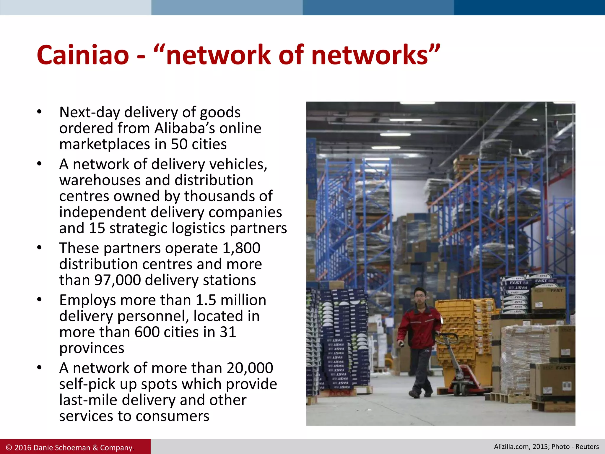 © 2016 Danie Schoeman & Company.
• Next-day delivery of goods
ordered from Alibaba’s online
marketplaces in 50 cities
• A network of delivery vehicles,
warehouses and distribution
centres owned by thousands of
independent delivery companies
and 15 strategic logistics partners
• These partners operate 1,800
distribution centres and more
than 97,000 delivery stations
• Employs more than 1.5 million
delivery personnel, located in
more than 600 cities in 31
provinces
• A network of more than 20,000
self-pick up spots which provide
last-mile delivery and other
services to consumers
Cainiao - “network of networks”
Alizilla.com, 2015; Photo - Reuters
 