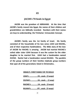 22
05
JACOB’s 70 Souls in Egypt
JACOB was the grandson of ABRAHAM. At the time that
JACOB’s family moved into Egypt, the names of their children and
grandchildren are biblically recorded. Numbers with their names
are keys to understanding the Trinitarian Immaculate Concept.
JACOB’s family was the 1st family of Israel. His family
consisted of the households of his two wives LEAH and RACHEL,
and of their respective handmaidens. The Bible story of the love
of JACOB for RACHEL is amazing. JACOB had married RACHEL’s
veiled older sister LEAH because it was the custom for the elder
daughter to be married first. LEAH had a handmaiden named
ZILPAH. Rachel had a handmaiden named BILHAH. The parallels
of the group numbers of their families triplicate group numbers
that span all of the generations listed in Christmatics.
ISRAEL’S FIRST FAMILY OF 70 SOULS
LEAH’s ...............33...souls . (3 ways)
ZILPAH’s ............16...souls ... (1 way)
RACHEL’s ...........14...souls . (3 ways)
BILHAH’s ...........07...souls . (3 ways)
 