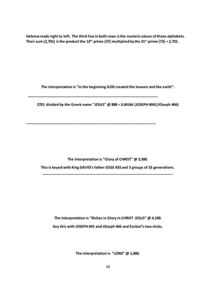 34
Hebrewreads right to left. The third line in both rows isthe numericvalues ofthose alphabets.
Their sum (2,701) isthe product the 12th
prime (37) multipliedbythe 21st
prime (73) = 2,701.
The Interpretation is “In the beginning GOD created the heaven and the earth”.
__________________________________________________________________
2701 divided by the Greek name “JESUS” @ 888 = 3.04166 (JOSEPH #041/JOseph #66)
__________________________________________________________________
The Interpretation is “Glory of CHRIST” @ 3,300.
This is keyed with King DAVID’s father JESSE #33 and 3 groups of 33 generations.
__________________________________________________________________
The interpretation is “Riches in Glory in CHRIST JESUS” @ 4,100.
Key this with JOSEPH #41 and JOseph #66 and Ezekiel’s two sticks.
The Interpretation is “LORD” @ 1,000.
 