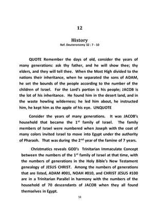 58
12
History
Ref. Deuteronomy 32 : 7 - 10
QUOTE Remember the days of old, consider the years of
many generations: ask thy father, and he will show thee; thy
elders, and they will tell thee. When the Most High divided to the
nations their inheritance, when he separated the sons of ADAM,
he set the bounds of the people according to the number of the
children of Israel. For the Lord’s portion is his people; JACOB is
the lot of his inheritance. He found him in the desert land, and in
the waste howling wilderness; he led him about, he instructed
him, he kept him as the apple of his eye. UNQUOTE
Consider the years of many generations. It was JACOB’s
household that became the 1st family of Israel. The family
members of Israel were numbered when Joseph with the coat of
many colors invited Israel to move into Egypt under the authority
of Pharaoh. That was during the 2nd
year of the famine of 7 years.
Christmatics reveals GOD’s Trinitarian Immaculate Concept
between the numbers of the 1st
family of Israel at that time, with
the numbers of generations in the Holy Bible’s New Testament
genealogy of JESUS CHRIST. Among the numbers of generations
that are listed, ADAM #001, NOAH #010, and CHRIST JESUS #100
are in a Trinitarian Parallel in harmony with the numbers of the
household of 70 descendants of JACOB when they all found
themselves in Egypt.
 