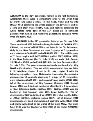 6
ABRAHAM is the 20th
generation named in the Old Testament.
Accordingly there were 9 generations prior to the great flood
(3+3+3=9) and again 9 after. In the flood, NOAH and his wife
(NOAH #010 paralleling the whole pigeon in the 10th place) and his
3 sons and their wives (SHEM, Ham, and Japheth paralleling the
whole fertile turtle dove in the 11th
place) are in Trinitarian
parallels with named and numbered generations between ADAM
#001 and JESUS #100.
ABRAHAM is the 21st
generation listed as per St. Luke 3:36.
There, Arphaxad #012 is listed as being the father of CAINAN #013.
CAINAN, the son of ARPHAXAD is not listed in the Old Testament.
Only in the New Testament are there 3 groups of 7 generations
each between ADAM #001 and ABRAHAM #021. The middle group
of 7 there, begins with METHUSELAH spelled MATHUSALA (#008)
in the New Testament (Ref St. Luke 3:37) and ends (Ref. Genesis
10:24) with SELAH spelled SALA (#014) in the New Testament (Ref.
St. Luke 3:35). The generations are optionally numbered after King
David in Christmatics. They are strictly numbered as they are listed
in St. Matthew chapter 1 and in St. Luke chapter 3 with the
following exception. Here, Christmatics is revealing the numerical
phenomenon of centrally observing 3 groups of 33 generations
each between ADAM #001, and mankind’s only savior, JESUS #100.
All of the descendants of King Solomon (Roboam #042 through
Joseph #066) are listed and numbered after the first 6 descendants
of King Solomon’s brother Nathan #035. Nathan (#035) was the
brother of King Solomon (also #035 being brothers). The 6th
descendant of Nathan is listed as JOSEPH #041 who was the father
of JUDAH (JUDAH, preferred option #067). All of Joseph’s #041
descendants are listed and numbered beginning with JUDAH #067
and ending with JESUS in the womb of the Virgin Mary. The Virgin
Mary #100 was the daughter of HELI #099 at the end of NATHAN’s
descendants.
 