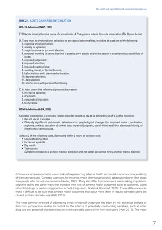 BOX 2.1. ACUTE CANNABIS INTOXICATION
ICD–10 definition (WHO, 1993).
F12.0 Acute intoxication due to use of cannabinoids. A. The general criteria for acute intoxication (F1x.0) must be met.
B. There must be dysfunctional behaviour or perceptual abnormalities, including at least one of the following:
1. 	euphoria and disinhibition;
2. 	anxiety or agitation;
3. 	suspiciousness or paranoid ideation;
4. 	temporal showing (a sense that time is passing very slowly, and/or the person is experiencing a rapid flow of
ideas;
5. 	impaired judgement;
6. 	impaired attention;
7. 	impaired reaction time;
8. 	auditory, visual, or tactile illusions;
9. 	hallucinations with preserved orientation;
10. depersonalization;
11. derealization;
12. interference with personal functioning.
C. At least one of the following signs must be present:
1. 	increased appetite;
2. 	dry mouth;
3. 	conjunctival injection;
4. 	tachycardia.
DSM-5 definition (APA, 2013)
Cannabis intoxication, a cannabis-related disorder coded as 292.89, is defined by DSM-5, as the following:
•	 Recent use of cannabis
•	 Clinically significant problematic behavioural or psychological changes (i.e. impaired motor coordination,
euphoria, anxiety, sensation of slowed time, impaired judgment, social withdrawal) that developed during, or
shortly after, cannabis use.
At least 2 of the following signs, developing within 2 hours of cannabis use:
•	 Conjunctival injection
•	 Increased appetite
•	 Dry mouth
•	Tachycardia
	 Symptoms not due to a general medical condition and not better accounted for by another mental disorder.
differences increase cannabis users’ risks of experiencing adverse health and social outcomes independently
of their cannabis use. Cannabis users are, for instance, more likely to use alcohol, tobacco and other illicit drugs
than people who do not use cannabis (Kandel, 1993). They also differ from non-users in risk-taking, impulsivity,
cognitive ability and other ways that increase their risk of adverse health outcomes such as accidents, using
other illicit drugs or performing poorly in school (Fergusson, Boden & Horwood, 2015). These differences can
make it difficult to be sure that adverse health outcomes that occur more often in regular cannabis users are
caused by their cannabis use (Hall, 2015).
The most common method of addressing these inferential challenges has been by the statistical analysis of
data from prospective studies to control for the effects of potentially confounding variables, such as other
drug use and personal characteristics on which cannabis users differ from non-users (Hall, 2015). The major
7
The health and social effects of nonmedical cannabis use
 