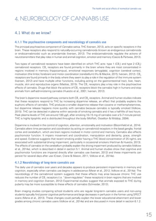 4. NEUROBIOLOGY OF CANNABIS USE
4.1 What do we know?
4.1.1 The psychoactive components and neurobiology of cannabis use
The principal psychoactive component of Cannabis sativa, THC (Iversen, 2012), acts on specific receptors in the
brain. These receptors also respond to naturally-occurring cannabinoids (known as endogenous cannabinoids
or endocannabinoids) such as anandamide (Iversen, 2012). The endocannabinoids regulate the actions of
neurotransmitters that play roles in human and animal cognition, emotion and memory (Cascio & Pertwee, 2012).
Two types of cannabinoid receptors have been identified on which THC acts: type 1 (CB1
) and type 2 (CB2
)
cannabinoid receptors. CB1
receptors are found primarily in the brain where they are most concentrated in
regions involved in memory (hippocampus), emotional responses (amygdala), cognition (cerebral cortex),
motivation (the limbic forebrain) and motor coordination (cerebellum) (Hu & Mackie, 2015; Iversen, 2012). CB2
receptors are found primarily in the body where they seem to play a role in the regulation of the immune system
(Iversen, 2012) and have multiple other functions, including acting on the gastrointestinal tract, liver, heart,
muscle, skin and reproductive organs (Madras, 2015). The CB1
receptors play a key role in the psychoactive
effects of cannabis. Drugs that block the actions of CB1
receptors block the cannabis high in humans and stop
animals from self-administering cannabis (Huestis et al., 2001; Iversen, 2012).
The brain’s dopamine reward pathway contains both CB1
and CB2
receptors. Animal and human studies indicate
that these receptors respond to THC by increasing dopamine release, an effect that probably explains the
euphoric effects of cannabis. THC produces a smaller dopamine release than cocaine or methamphetamines,
but dopamine release happens more quickly with cannabis because cannabis is typically smoked (Volkow,
2015). THC can be detected in plasma within seconds of smoking cannabis and it has a half-life of two hours.
Peak plasma levels of THC are around 100 μg/L after smoking 10–15 mg of cannabis over a 5–7 minute period.
THC is highly lipophilic and is distributed throughout the body (Moffatt, Osselton & Widdop, 2004).
Dopamine is involved in the control of cognition, attention, emotionality and motivation (Bloomfield et al., 2014).
Cannabis alters time perception and coordination by acting on cannabinoid receptors in the basal ganglia, frontal
cortex and cerebellum, which are brain regions involved in motor control and memory. Cannabis also affects
psychomotor function. It impairs movement and coordination, manipulation and dexterity, grace, strength
and speed. Evidence suggests that recent smoking and/or having a THC blood concentration of 25 ng/mL are
associated with substantial driving impairment, particularly in occasional smokers (Hartman & Huestis, 2013).
The effects of cannabis on the cerebellum probably explain the driving impairment produced by cannabis (Volkow
et al., 2014a), which is described in detail in section 5.1. Animal and human studies show that cognitive and
psychomotor functions are impaired directly after cannabis use (Iversen, 2012) and these impairments can
persist for several days after use (Crean, Crane & Mason, 2011; Volkow et al., 2014a).
4.1.2 Neurobiology of long-term cannabis use
The daily use of cannabis over years and decades appears to produce persistent impairments in memory and
cognition, especially when cannabis use begins in adolescence (Meier et al., 2012; Volkow et al., 2014a). The
neurobiology of the cannabinoid system suggests that these effects may arise because chronic THC use
reduces the number of CB1
receptors (i.e. “down-regulates” these receptors) in brain regions that are involved
in memory and cognition (Iversen, 2012) Experimental studies suggest that animals exposed to THC during
puberty may be more susceptible to these effects of cannabis (Schneider, 2012).
Brain imaging studies comparing school students who are regular long-term cannabis users and non-using
students typically find poorer cognitive performance and large decreases in perfusion in the former using SPECT
scans (Mena et al., 2013). These changes could partially explain the lower educational attainment and lower
grades among chronic cannabis users (Volkow et al., 2014a) and are discussed in more detail in section 6.1.2.
15
The health and social effects of nonmedical cannabis use
 