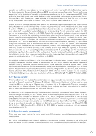 cannabis use could have occurred days or even up to one week earlier. In general, 9.5% of all toxicology reports
for deaths by suicide (Borges, Bagge & Orozco, 2016) show the presence of cannabis. There is preliminary
evidence of higher detection of cannabis among suicide decedents that do not involve overdose (CDC, 2006)
and higher detections among male suicide decedents using non-overdose methods than among females (Darke,
Duflou & Torok, 2009; Shields et al., 2006). Homicide victims appear to have higher detection rates of cannabis
at the time of death than suicide victims do (Darke, Duflou & Torok, 2009; Sheehan et al., 2013).
Overall, studies on cannabis use and suicide ideation and attempts have produce mixed results. A case-control
study of 302 serious suicide attempts in New Zealand and general hospital community controls (Beautrais, Joyce
& Mulder, 1999) found an association between harmful use of cannabis and suicide attempt. The association
was substantially reduced after statistical adjustment for confounding. A small case-control study in the USA
did not find an association (Petronis et al., 1990). Results from longitudinal studies are more numerous and
have varied as to whether the associations persisted after adjustment for confounders, with newer and larger
studies reporting positive associations. Fergusson and colleagues (Fergusson, Lynskey & Horwood, 1996;
Fergusson & Horwood, 1997) found that regular cannabis use at the age of 15 years predicted ideation and
attempts at 16−17 years in New Zealand, but these associations disappeared after controlling for confounders
(Fergusson & Horwood, 1997). A 30-year follow-up of the cohort (van Ours et al., 2013) found a dose−response
relation between cannabis use and suicidal ideation that persisted after controlling for confounding variables.
The New Zealand Dunedin birth cohort (McGee, Williams & Nada-Raja, 2005) also reported an association
between cannabis use at 15 years of age and suicidal ideation at 18−21 years of age, but this was no longer
statistically significant after adjustment for confounders. A pooled analysis of Australian and New Zealand
cohort studies found a dose−response relation between the frequency of cannabis use before the age of 17
years and suicide attempts at 17−25 years (Silins et al., 2014).
Longitudinal studies in the USA and other countries have found associations between cannabis use and
suicidality over varying follow-up periods. In some studies the associations vary with age and the measure of
cannabis use (e.g. Newcomb, Vargas-Carmona & Galaif, 1999; Newcomb, Scheier & Bentler, 1993). Others
have found associations with suicidal ideation but not with suicide attempts (Juon & Ensminger, 1997). In some
studies the association has persisted after controlling for confounding variables (e.g. Bovasso, 2001; Borowsky,
Ireland & Resnick, 2001; Clarke et al, 2014; Pedersen, 2008), whereas in other studies it has not persisted,
or has persisted only among subgroups (e.g. Wilcox & Anthony, 2004; Zhang & Wu, 2014; Wichstrom, 2000).
6.1.7 Suicide mortality
There have been very few studies of associations between regular cannabis use and death by suicide. A follow-
up study of Swedish conscripts (Andréasson & Allebeck, 1990) reported that those who had used cannabis
more than 50 times by the age of 18 years were at increased risk of dying by suicide. The same association
was observed in a 33-year follow-up (Price, 2009) but it was no longer significant after adjusting for baseline
alcohol, tobacco and other drug use, and psychiatric disorders.
A case-control study conducted among 108 individuals who committed suicide and 108 who died in accidents,
matched for age and gender, in Cali, Colombia, found an increased odds ratio (OR=2.85(95% CI= 1.31–6.24)
among those with cannabis-use disorders (Palacio et al., 2007). A large case-control study of 1463 suicides
and 7392 natural deaths (Kung, 2003; Kung, 2005) found an association between any cannabis use and suicide
risk after adjusting for depression, alcohol and mental health services. So did a four-year follow-up of a large
group of patients with cannabis-use disorders in Denmark, which found an increased risk (Males OR=2.28
(95% CI=1.54– 3.37); Females OR=4.82 (95% CI= 2.47–9.39))) of suicide among those with cannabis-use
disorders (Arendt, 2013).
6.1.8 Areas that require more research
There have been recent reports that higher proportions of lifetime users seem to have developed cannabis-
use disorders.
As a result, updated longitudinal research (including dose−response, potency, frequency of use, and age of
onset and reason for use) is needed to identify if and why more users seem to develop cannabis-use disorders.
29
The health and social effects of nonmedical cannabis use
 