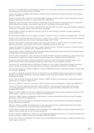 Schreiner A, Dunne ME (2012). Residual effects of cannabis use on neurocognitive performance after prolonged abstinence: a
meta-analysis. Exp Clin Psychopharmacol. 20:420–9.
Sheehan CM, Rogers RJ, Williams GW, Boardman JD (2013). Gender differences in the presence of drugs in violent deaths.
Addiction. 108(3):547–55.
Shields LB, Hunsaker DM, Hunsaker JC III, Ward MK (2006). Toxicologic findings in suicide: a 10-year retrospective review of
Kentucky medical examiner cases. Am J Forensic Med Pathol 27(2):106–12.
Silberberg C, Castle D, Koethe D (2012). Cannabis, cannabinoids, and bipolar disorder. In: Castle D, Murray R, D’Souza DC,
editors. Marijuana and madness, second edition. New York (NY): Cambridge University Press:129–36.
Silins E, Horwood LJ, Patton GC, Fergusson DM, Olsson CA, Hutchinson DM, et al. (2014). Young adult sequelae of adolescent
cannabis use: an integrative analysis. Lancet Psychiatry. 1(4):286–93.
Solowij N (2002). Cannabis and cognitive functioning. In: Onaivi ES, editor. Biology of marijuana: from gene to behaviour.
London: Taylor & Francis.
Solowij N, Battisti R (2008). The chronic effects of cannabis on memory in humans: a review. Curr Drug Abuse Rev. 1(1):81–98.
Solowij N, Jones KA, Rozman ME, Davis SM, Ciarrochi J, Heaven PCL, et al. (2011). Verbal learning and memory in adolescent
cannabis users, alcohol users and non-users. Psychopharmacology. 216(1):131–44.
Solowij N, Pesa N (2012). Cannabis and cognition: short and long term effects. In: Castle D, Murray R, D’Souza DC, editors.
Marijuana and madness, second edition. New York (NY): Cambridge University Press:91–102.
Stefanis NC, Dragovic M, Power BD, Jablensky A, Castle D, Morgan VA (2014). The effect of drug use on the age at onset of
psychotic disorders in an Australian cohort. Schizophr Res. 156: 211–6.
Swift W, Hall W, Teesson, M (2001) Cannabis use and dependence among Australian adults: results from the National Survey
of Mental Health and Well-being. Addiction. 96: 737–48.
Swift W, Coffey C, Degenhardt L, Carlin JB, Romaniuk H, Patton GC (2012). Cannabis and progression to other substance use
in young adults: findings from a 13-year prospective population-based study. J Epidemiol Commun H 66(7):e26.
Therapeutic Goods Administration (2013). Australian public assessment report for Nabiximols: proprietary product name:
Sativex. Sponsor: Novartis Pharmaceuticals Australia Pty Limited. Canberra: Commonwealth of Australia.
Tomasiewicz HC, Jacobs MM, Wilkinson MB, Wilson SP, Nestler EJ, Hurd YL (2012). Proenkephalin mediates the enduring
effects of adolescent cannabis exposure associated with adult opiate vulnerability. Biol Psychiatry. 72(10):803–10.
Ustün TB, Ayuso-Mateos JL, Chatterji S, Mathers C, Murray CJ (2004). Global burden of depressive disorders in the year 2000.
Brit J Psychiat. 184:386–92.
van der Pol P, Liebregts N, de Graaf R, Korf DJ, van den Brink W, van Laar M (2013). Predicting the transition from frequent
cannabis use to cannabis dependence: a three-year prospective study. Drug Alcohol Depend. 133(2):352−9. doi:10.1016/j.
drugalcdep.2013.06.009.
van Os J, Bak M, Hanssen M, Bijl RV, De Graaf R, Verdoux H. (2002). Cannabis use and psychosis: a longitudinal population-
based study. Am J Epidemiol. 156(4):319–27.
van Ours JC, Williams J, Fergusson D, Horwood LJ (2013). Cannabis use and suicidal ideation. J Health Econ. 32(3):524–37.
Verweij KJH, Huizink AC, Agrawal A, Martin NG, Lynskey MT (2013). Is the relationship between early-onset cannabis
use and educational attainment causal or due to common liability? Drug Alcohol Depend. 133(2):580−6. doi:10.1016/j.
drugalcdep.2013.07.034.
Wagner F, Anthony J (2002). Into the world of illegal drug use: Exposure opportunity and other mechanisms linking the use of
alcohol, tobacco, marijuana, and cocaine. Am J Epidemiol. 155(10):918–25.
Wichstrom L (2000). Predictors of adolescent suicide attempts: a nationally representative longitudinal study of Norwegian
adolescents. J Acad Child Psy. 39(5):603–10.
WHO (1992). The ICD-10 classification of mental and behavioural disorders: clinical descriptions and diagnostic guidelines.
Geneva: World Health Organization.
Wilcox HC, Anthony JC (2004). The development of suicide ideation and attempts: an epidemiologic study of first graders
followed into young adulthood. Drug Alcohol Depend. 76 Suppl:S53–67.
Yücel M, Solowij N, Respondek C, Whittle S, Fornito A, Pantellis C, et al. (2008). Regional brain abnormalities associated with
long-term heavy cannabis use. Arch Gen Psychiatry. 65:694–701.
Zammit S, Allebeck P, Andreasson S, Lundberg I, Lewis G (2002). Self-reported cannabis use as a risk factor for schizophrenia in
Swedish conscripts of 1969: historical cohort study. BMJ. 325(7374):1199–201.
Zhang X, Wu LT (2014). Suicidal ideation and substance use among adolescents and young adults: a bidirectional relation? Drug
Alcohol Depend. 142:63–73.
57
The health and social effects of nonmedical cannabis use
 
