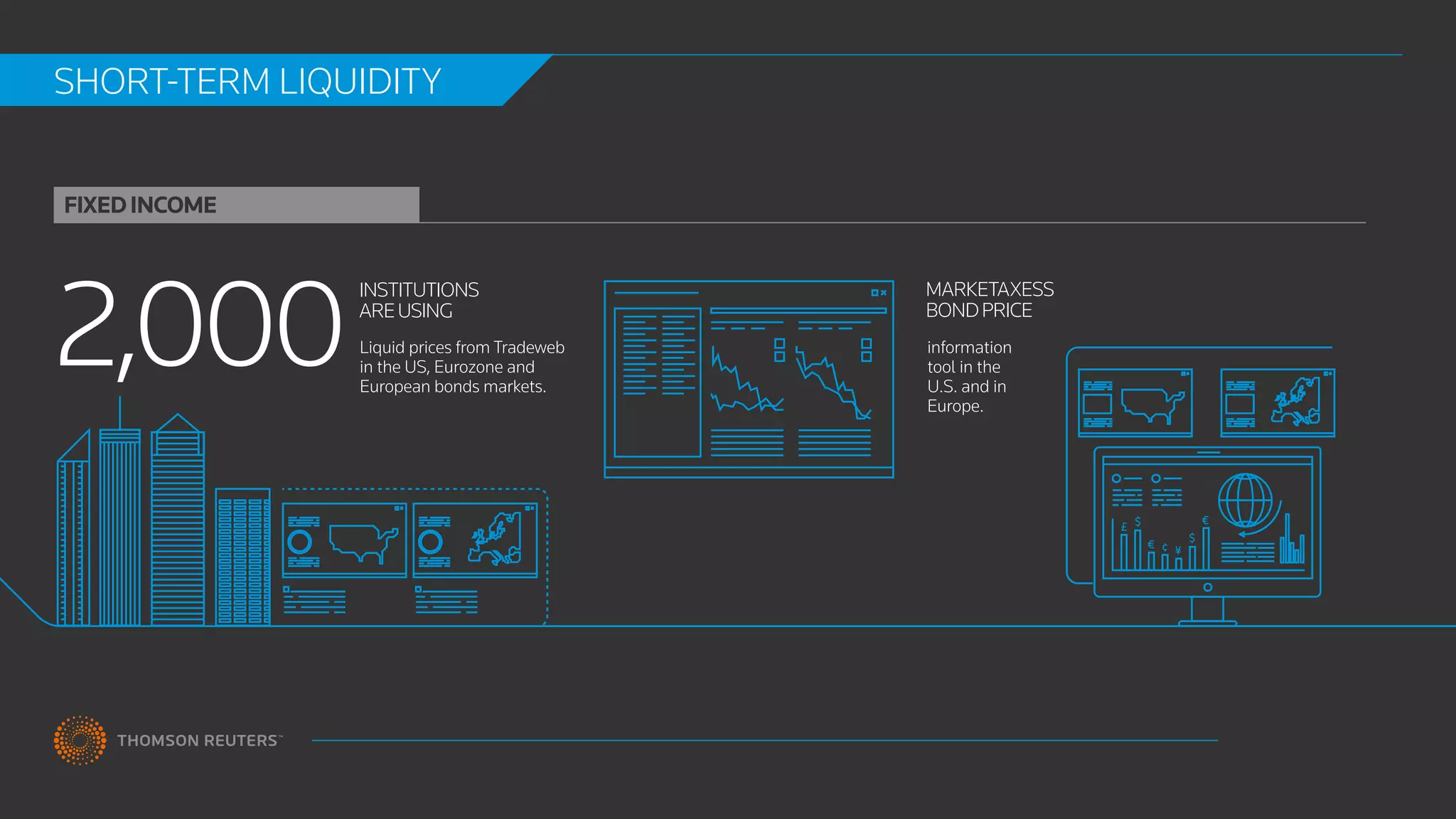 FIXED INCOMEFIXED INCOME .	 .	 .	 .	 .	 .	 .		
2,000
INSTITUTIONS
AREUSING
Liquid prices from Tradeweb
in the US, Eurozone and
European bonds markets.
MARKETAXESS
BONDPRICE
information
tool in the
U.S. and in
Europe.
£ $
€ ¢ ¥
$
€
SHORT-TERM LIQUIDITY
HOME
 