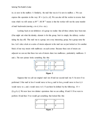 Solving The Rubik’s Cube
in a is now in the mailbox b. Similarly, the mail that was in b is now in mailbox c. We can
express this operation in this way: 𝑀 = (𝑎, 𝑏, 𝑐, 𝑑). We can also tell the worker to reverse their
route which we will notate as 𝑀−1
. All 𝑀−1
means is that the worker will run the same transfer
of mail backwards (moving a to d, d to c etc.).
Looking back at our definition of a group we realize that all three criteria have been met.
(One might ask what the identity element is for this group, but it is simply the delivery worker
taking the day off). This mail run is a group; not a very interesting group, but a group none the
less. Let’s take a look at a series of streets adjacent to the mail run we just looked at. It is another
block of one way streets with mailboxes on each corner. Because these sets of streets are
adjacent we can see that these two sets of streets share two mailboxes; particularly mailboxes b
and c. The new picture looks something like this:
a b g
d c h
Figure 2
Suppose that we call our original mail run M and our second mail run N. So now if we
performed N the mail in box b would move to box g, mail in box g would move to box h, h
would move to c, and c would move to b. N can them be defined by the following: 𝑁 =
(𝑏, 𝑔, ℎ, 𝑐). We now have two distinct operations that we are calling M and N. If we were to
perform M and then N we would get something that looked like this:
d b a
c h g
Figure 3
 