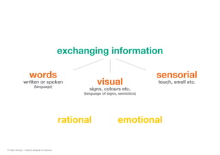 exchanging information
words
written or spoken
(language)
visual
signs, colours etc.
(language of signs, semiotics)
sensor...