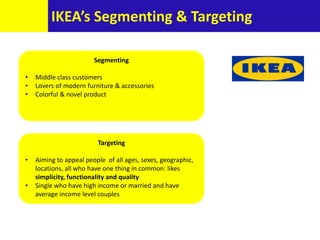 IKEA’s Segmenting & Targeting
Segmenting
• Middle class customers
• Lovers of modern furniture & accessories
• Colorful & novel product
Targeting
• Aiming to appeal people of all ages, sexes, geographic,
locations, all who have one thing in common: likes
simplicity, functionality and quality
• Single who have high income or married and have
average income level couples
 