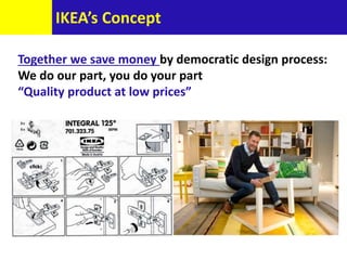 IKEA’s Concept
Together we save money by democratic design process:
We do our part, you do your part
“Quality product at low prices”
 
