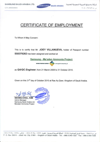 Joey Villanueva Ma'aden Ammonia Plant Employment Certificate 2010