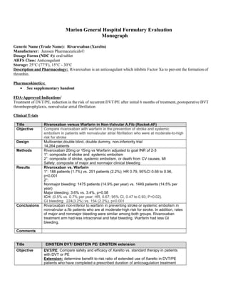 Marion General Hospital Formulary Evaluation
Monograph
Generic Name (Trade Name): Rivaroxaban (Xarelto)
Manufacturer: Janssen Pharmaceuticals©
Dosage Forms (NDC #): oral tablet
AHFS Class: Anticoagulant
Storage: 25°C (77°F), 15°C - 30°C
Description and Pharmacology: Rivaroxaban is an anticoagulant which inhibits Factor Xa to prevent the formation of
thrombin.
Pharmacokinetics:
• See supplementary handout
FDA-Approved Indications1
Treatment of DVT/PE, reduction in the risk of recurrent DVT/PE after initial 6 months of treatment, postoperative DVT
thromboprophylaxis, nonvalvular atrial fibrillation
Clinical Trials
Title Rivaroxaban versus Warfarin in Non-Valvular A.Fib (Rocket-AF)
Objective Compare rivaroxaban with warfarin in the prevention of stroke and systemic
embolism in patients with nonvalvular atrial fibrillation who were at moderate-to-high
risk for stroke
Design Multicenter,double blind, double dummy, non-inferiority trial
14,264 patients
Methods Rivaroxaban 20mg or 15mg vs Warfarin adjusted to goal INR of 2-3
1°: composite of stroke and systemic embolism
2°: composite of stroke, systemic embolism, or death from CV causes, MI
Safety: composite of major and nonmajor clinical bleeding
Results Rivaroxaban vs. Warfarin
1°: 188 patients (1.7%) vs. 251 patients (2.2%); HR 0.79, 95%CI 0.66 to 0.96,
p<0.001
2°:
Nonmajor bleeding: 1475 patients (14.9% per year) vs. 1449 patients (14.5% per
year)
Major bleeding: 3.6% vs. 3.4%, p=0.58
ICH: (0.5% vs. 0.7% per year; HR, 0.67; 95% CI, 0.47 to 0.93; P=0.02).
GI bleeding: 224(3.2%) vs. 154 (2.2%), p<0.001
Conclusions Rivaroxaban non-inferior to warfarin in preventing stroke or systemic embolism in
nonvalvular a.fib patients who are at moderate-high risk for stroke. In addition, rates
of major and nonmajor bleeding were similar among both groups. Rivaroxaban
treatment arm had less intracranial and fatal bleeding. Warfarin had less GI
bleeding.
Comments
Title EINSTEIN DVT/ EINSTEIN PE/ EINSTEIN extension
Objective DVT/PE: Compare safety and efficacy of Xarelto vs. standard therapy in patients
with DVT or PE
Extension: determine benefit to risk ratio of extended use of Xarelto in DVT/PE
patients who have completed a prescribed duration of anticoagulation treatment
 