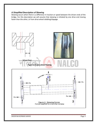 DEEEPAK KUMAR SAHOO Page 3
A Simplified Description of Skewing
Skewing occurs when there is a difference in traction or speed between the driven ends of the
bridge. For this description we will assume that skewing is initiated by one drive end moving
faster than the other, or from drive wheel skidding/slippage.
Wheel float
Figure 1:-Crane wheel floating
 