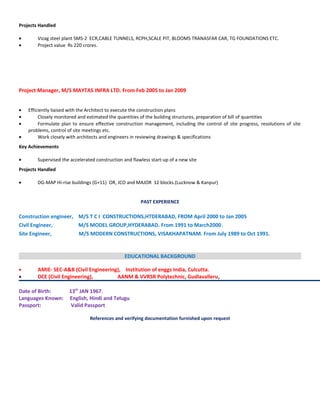 Projects Handled
• Vizag steel plant SMS-2 ECR,CABLE TUNNELS, RCPH,SCALE PIT, BLOOMS TRANASFAR CAR, TG FOUNDATIONS ETC.
• Project value Rs 220 crores.
Project Manager, M/S MAYTAS INFRA LTD. From Feb 2005 to Jan 2009
• Efficiently liaised with the Architect to execute the construction plans
• Closely monitored and estimated the quantities of the building structures, preparation of bill of quantities
• Formulate plan to ensure effective construction management, including the control of site progress, resolutions of site
problems, control of site meetings etc.
• Work closely with architects and engineers in reviewing drawings & specifications
Key Achievements
• Supervised the accelerated construction and flawless start-up of a new site
Projects Handled
• DG-MAP Hi-rise buildings (G+11) OR, JCO and MAJOR 12 blocks.(Lucknow & Kanpur)
PAST EXPERIENCE
Construction engineer, M/S T C I CONSTRUCTIONS,HTDERABAD, FROM April 2000 to Jan 2005
Civil Engineer, M/S MODEL GROUP,HYDERABAD. From 1991 to March2000.
Site Engineer, M/S MODERN CONSTRUCTIONS, VISAKHAPATNAM. From July 1989 to Oct 1991.
EDUCATIONAL BACKGROUND
• AMIE- SEC-A&B (Civil Engineering), Institution of enggs India, Culcutta.
• DCE (Civil Engineering), AANM & VVRSR Polytechnic, Gudlavalleru,
Date of Birth: 13th
JAN 1967.
Languages Known: English, Hindi and Telugu
Passport: Valid Passport
References and verifying documentation furnished upon request
 